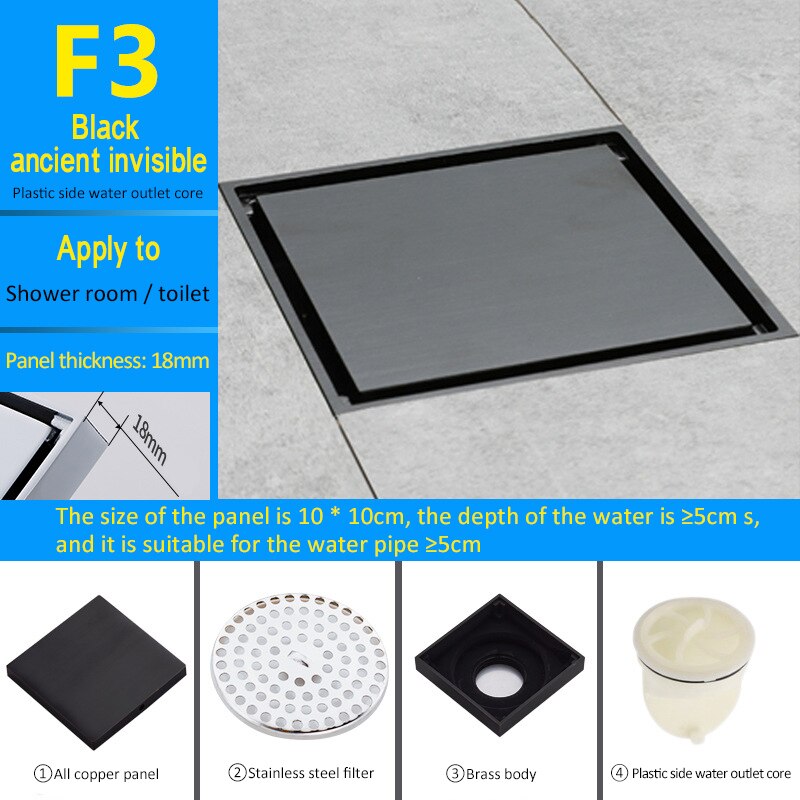 Dreno de assoalho inoxidável, dreno de assoalho quadrado de aço inoxidável para drenagem de piso, canal de drenagem para cozinha do banheiro: F3
