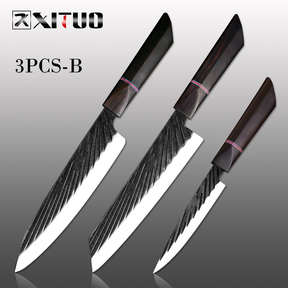 XITUO Chef Knife 440C Steel Handmade Forged Japanese Kitchen Knife Set Sharp Cleaver Kiritsuke Santoku Gyuto Knife Cooking Tools: 3PCS-B