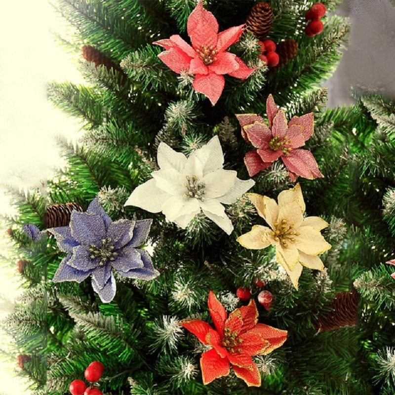 10Pcs Glitter Poinsettia Flower Christmas Decor Wreath Tree Decorations Xmas Party Wedding Flower Scrapbook Garlands Rattan