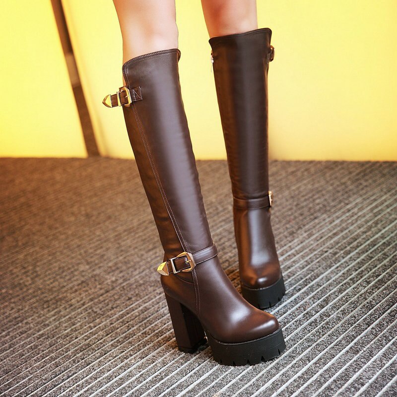 Platform Knee High Boots Women Square High Heel Long Boots Woman Pu Leather Shoes Autumn Winter Size 34-43