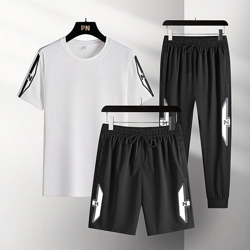 2022 3 teiliger herren-freizeit-sportanzug, lauf- und fitnessbekleidung, schweiß-Fitness-Outfit, jogginganzug aus Polyester für herren: Weiß / 3xl