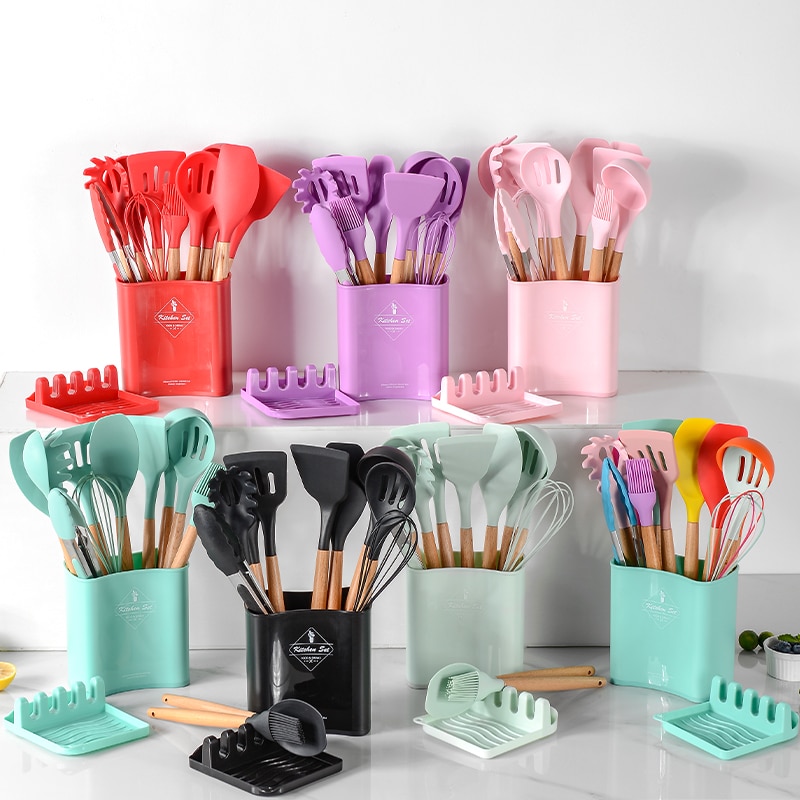 Juego de utensilios de silicona para la cocina, espátulas y palas antiadherentes con mango de madera, instrumentos para cocinar con recipiente de almacenamiento, accesorios para cocinas