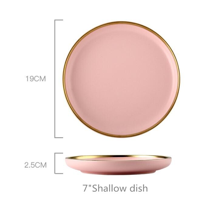 Porslinsmiddagstallrik Set Rosa Guld Kant Keramik Servis Maträtter Ris Sallad Nudlar Skål Mugg Bestick Set 1 st: 7 tum grunt skål