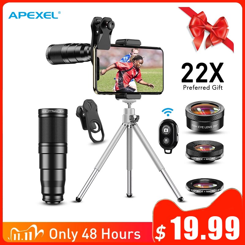 APEXEL 2020 nuovo Kit obiettivo fotocamera per telefono HD 4in1 teleobiettivo Zoom telescopio monoculare 22X obiettivo Macro grandangolare Fisheye con treppiede remoto