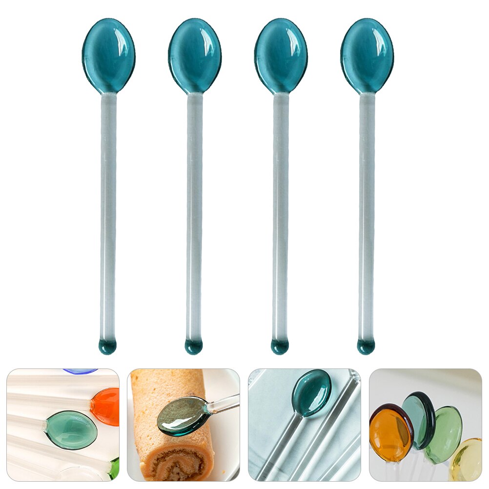Cucharas de vidrio resistentes al calor, cuchara de café transparente de mango largo, cuchara de postre, 4 Uds.
