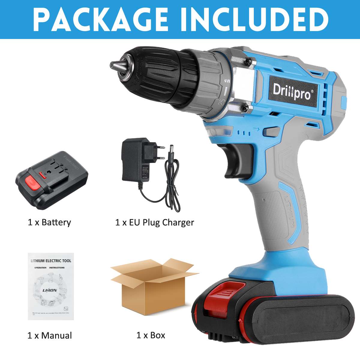 Drillpro-taladro inalámbrico de 12V, 16V, 21V, 10MM, 25 + 1, minicontrolador de potencia, batería de iones de litio, herramientas eléctricas: 21V 1 Battery EU