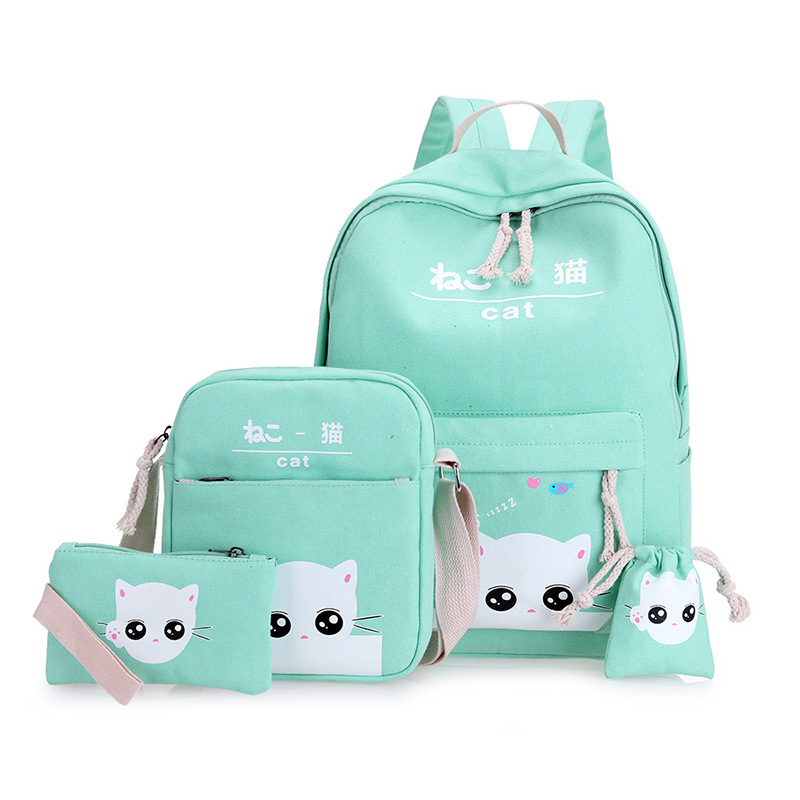 4 ensembles/pcs sac à dos scolaire mignon chats cartable sacs d'école pour filles sac à dos orthopédique enfant sac d'école pour filles sac à dos Mochila: green