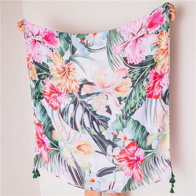 Écharpe de plage fleurie pour hiver | Foulard imprimé tropical, châle feuilles de coco, foulard en soie, écharpe de plage en viscose pour femmes
