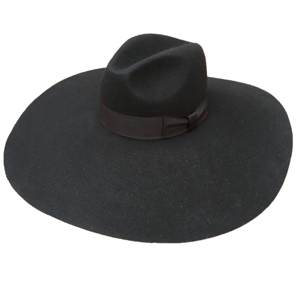 Sombrero de fieltro de lana para mujer, visera grande extraancho, suave, negro, 16cm