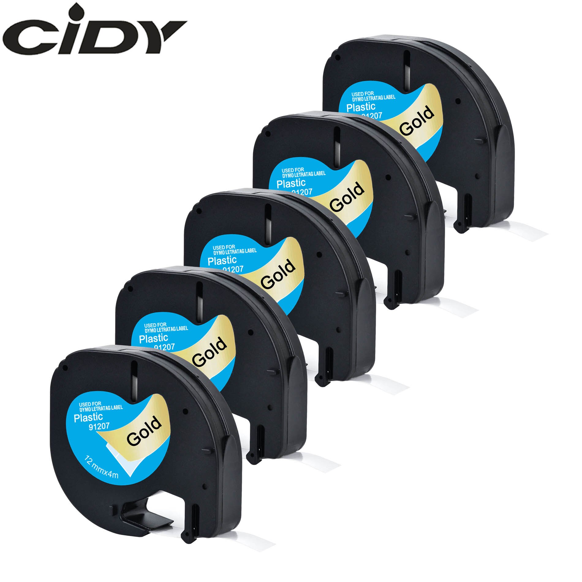 5pcs mixed color of 91201 91202 91203 91204 91205 labels 12mm dymo letratag 91201 91331 tape for LT-100H label maker: black on gold