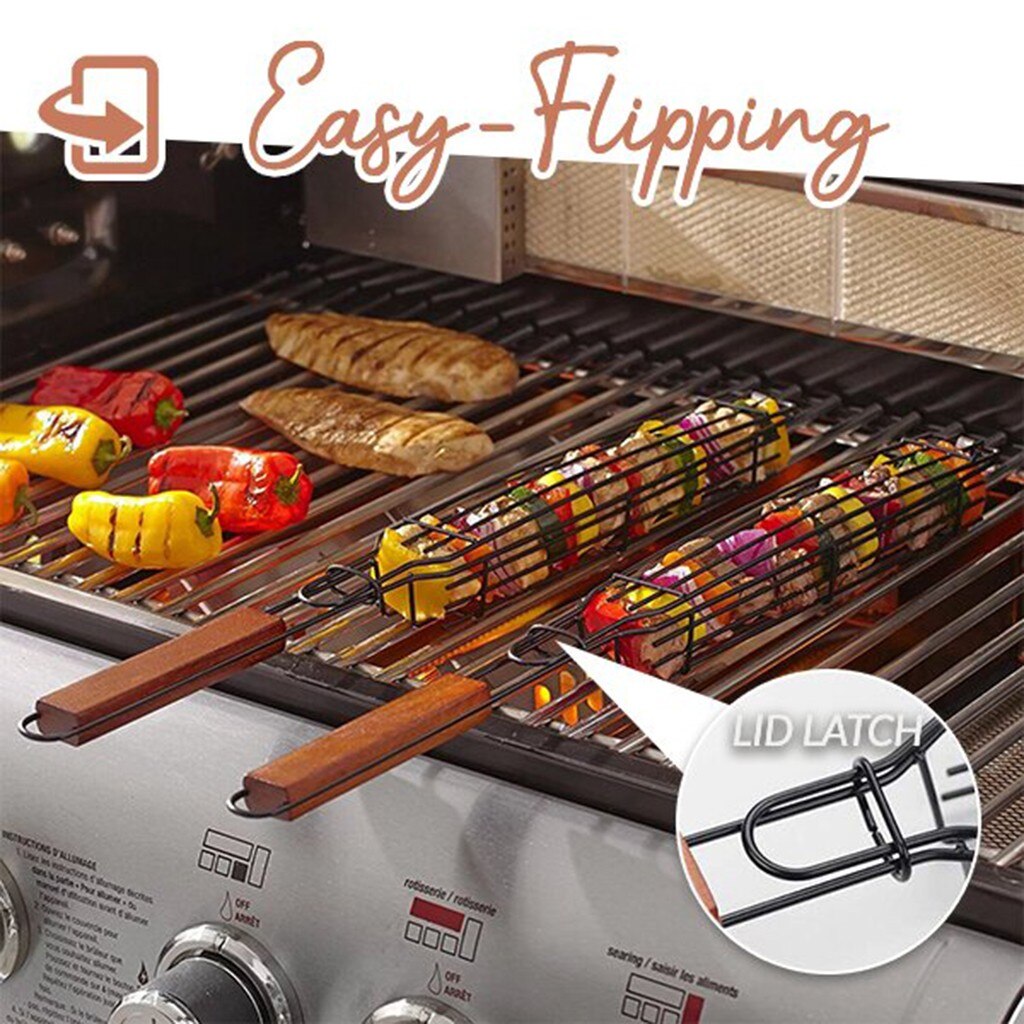Duurzaam Ijzerdraad Kebab Barbecue Manden Kebab Barbecue Manden Houten Handvat Clip Holder Bbq Grillen