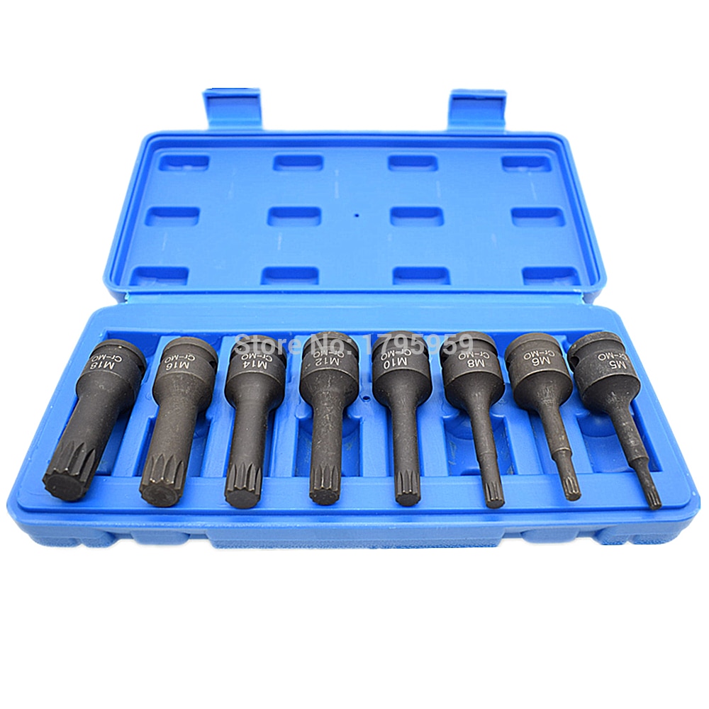 1/2" Square Drive Spline Impact Socket Bit Tools 8 Piece Set M5 M6 M8 M10 M12 M14 M16 M18 CR-MO Ratchet Bit Socket Screwdriver
