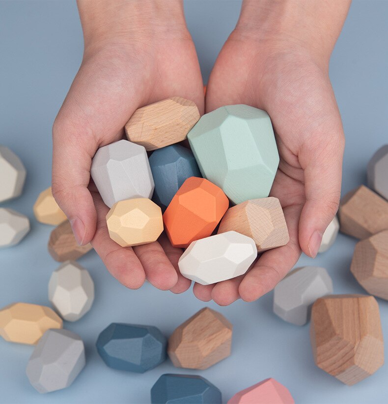 Children Colored Stone Jenga Stacking Blocks Educational Toy Nordic Style Rainbow Stone Wood Blocks Baby Wooden Toys