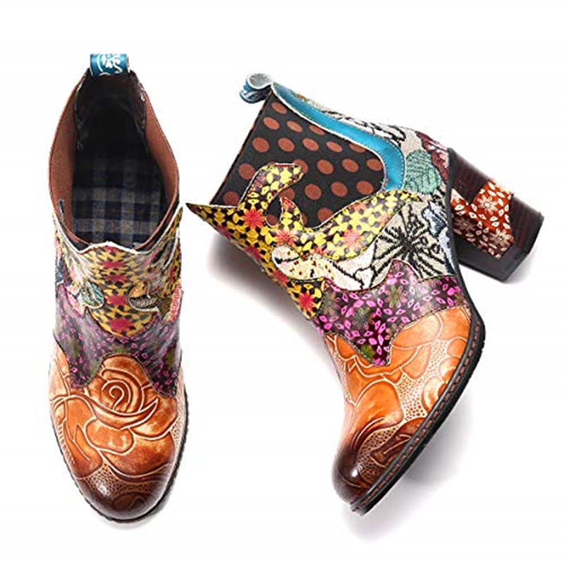 Botas étnicas coloridas de cuero de la PU que empalman los zapatos elegantes de las mujeres de las botas cortas de los tacones altos de la cremallera de la flor