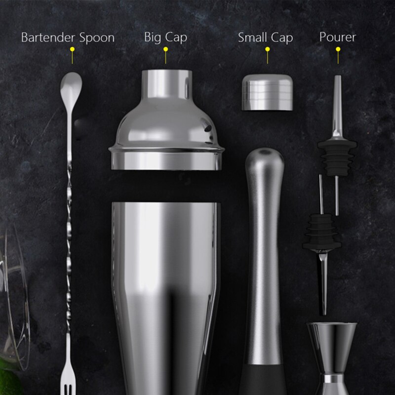 6Pcs Rvs Cocktail Shaker Set 6 Stuk Martini Shaker, Drink Shaker, barman Kit Met Meten Jigger, Menglepel: 550ml