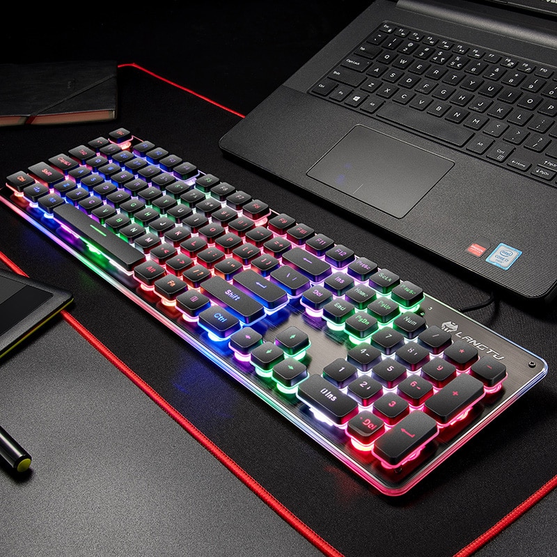 Gaming Keyboard Colorful LED Quiet Keyboard All-Metal Panel USB Wired Anti-ghosting Computer 104 Keys: Black- Rainbow