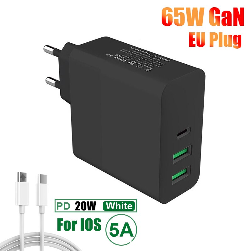 65W GaN Super rápido de carga/UK/AU/EU/US Plug Quick Charge 4,0 de 3,0 USB C cargador para iPhone 12 11 Pro X XS X MAX XR 8 SE: White / EU-Cable