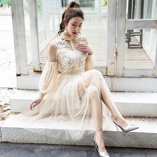 Women Dress Stand Collar Lantern Sleeve Mesh Dress See-through Lace Embroidery Fairy Dress Femme Vestidos Robe