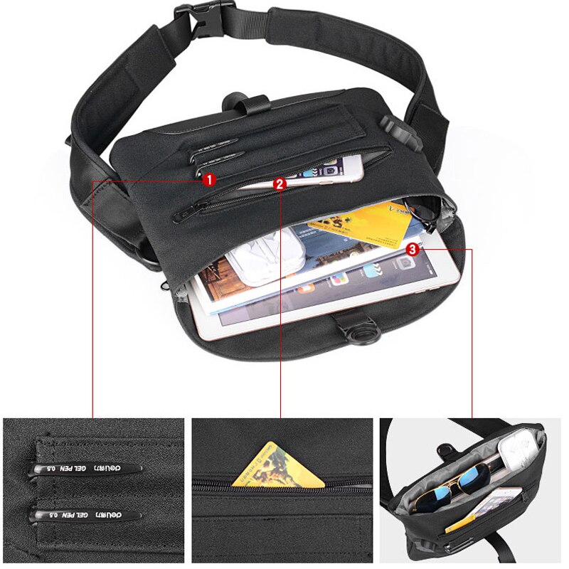 9.7 inch iPad Tablet USB Charging Chest Bag Multi-function Water Repellent Nylon Casual Small Shoulder Bags For Male