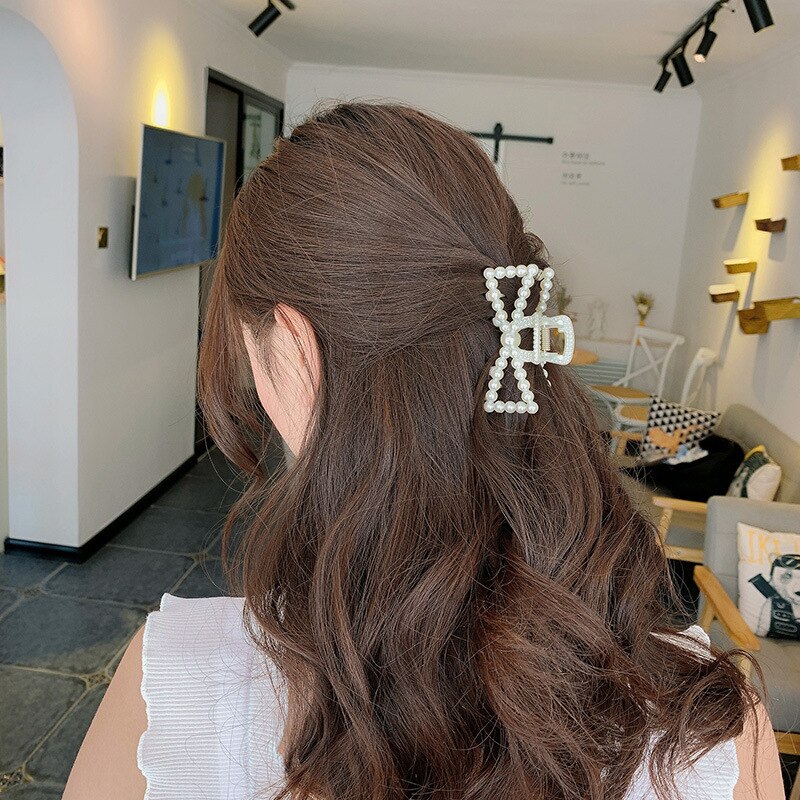 Mädchen Haar Klaue Geometrische Imitation Perle Haarnadel Krabben Retro Herz Form Kristall Haar Clips Haar Zubehör Für Frauen