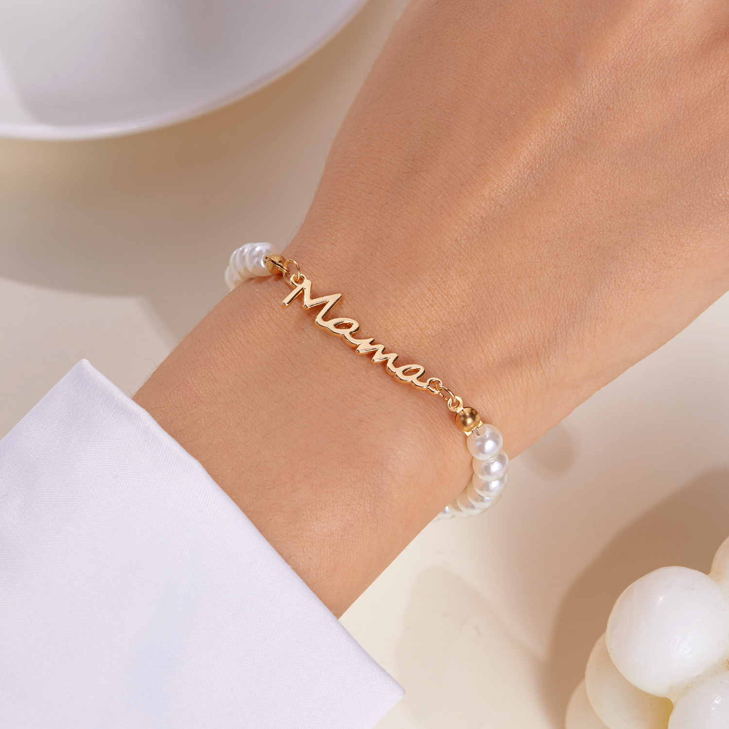 Pulseras con colgante de mamá con letras de perlas de imitación, dijes de , pulsera de cadenas de acero inoxidable para mujer, joyería, para el día de la madre