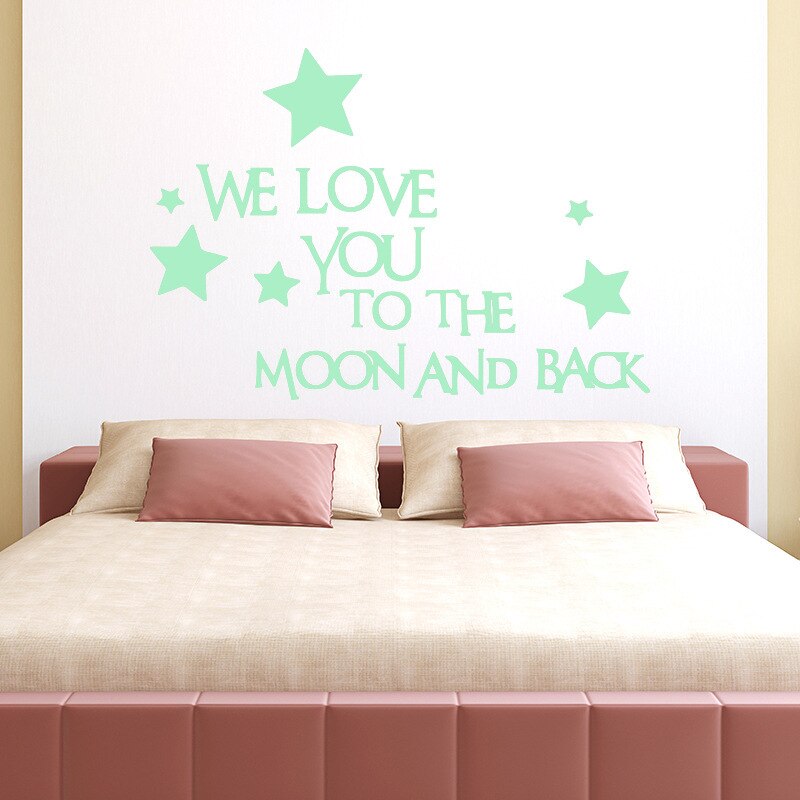 Pegatinas luminosas que brillan en la oscuridad, pegatinas de pared de estrellas, pegatina con cita We Love You To The Moon And Back, pegatinas de letras, decoración para la habitación de los niños