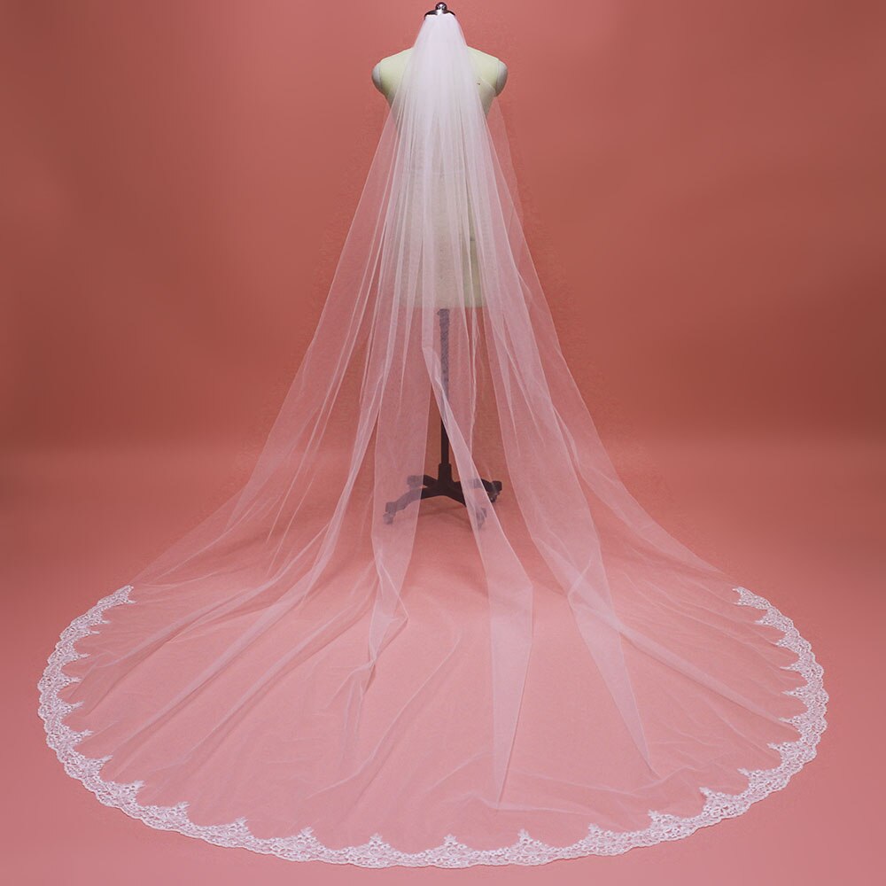 Nuovo Arrivo 3 Metri di Lunghezza Da Sposa In Pizzo Velo con il Pettine Bianco Avorio Uno Strato Cattedrale Velo Da Sposa Accessori Da Sposa