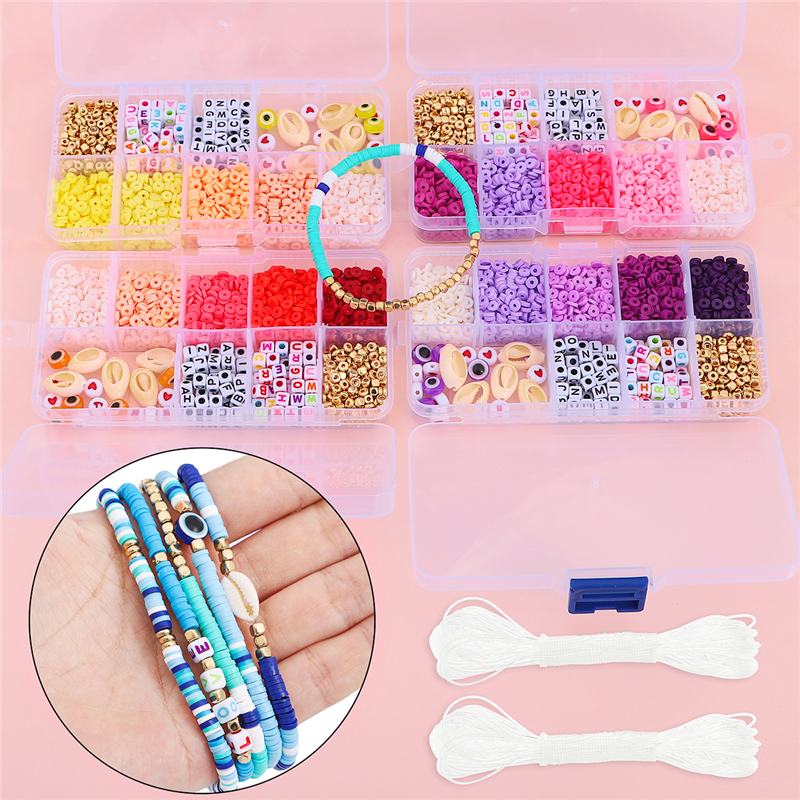 10-Gitter-Kasten-Perlen-einstellen, Polymer-Tonne, Acryl, Buchstaben-Rocailles, Schmuckherstellungsset, elastische Kordel für Mädchen und freundlicher, DIY-Armbinde