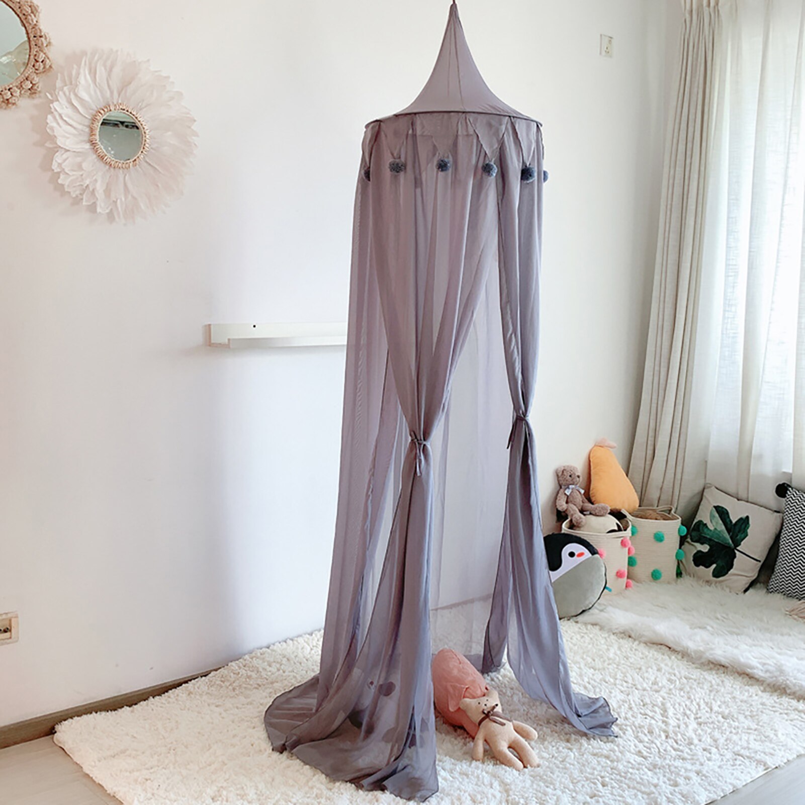 Nordic Thick Lace Pompom Baby Mosquito Net Bed Valance Cotton Children Hanging Tent Bed Canopy Home Bedroom Decoration