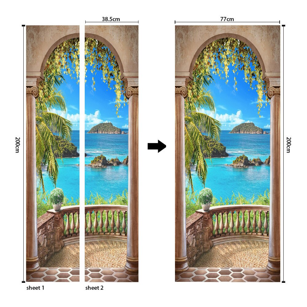 77*200CM DIY 3D Waterdicht Eiland Balkon Landschap Deur Stickers Home Decor Zelfklevende Slaapkamer Woonkamer Muur sticker