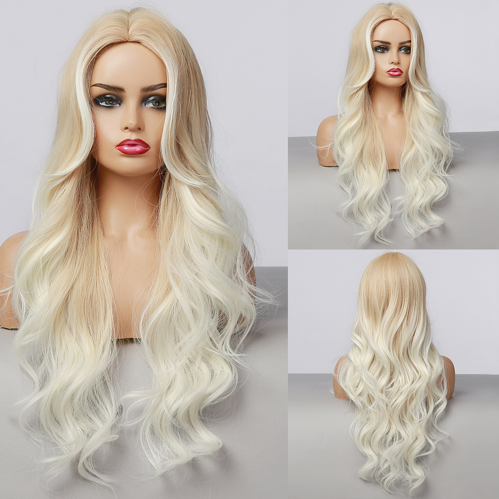 Haircube lang bølget syntetisk parykk lys blond parykker til kvinder med pandehår naturlig hårgrænse varmebestandig fiber paryk daglig fest paryk