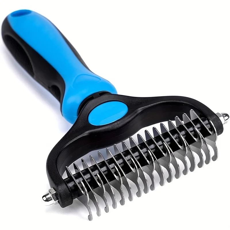 Double Sided Pet Grooming Tool for Shedding and Dematting - Stainless Steel Dog Comb with Effective Results: Blue