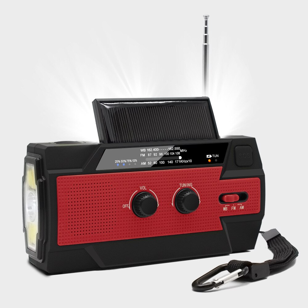 NOAA Weather Radio Emergency Solar Hand Crank Self Powered 3AAA Battery Flashlight IPX3 Waterproof 4000mAh Power Bank: RED