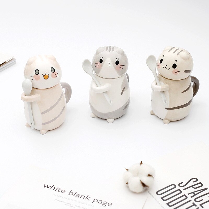 ¡Novedad! Gato de cerámica con forma de taza para café bonito y cuchara taza para la leche creativa pintada a mano, novedosos