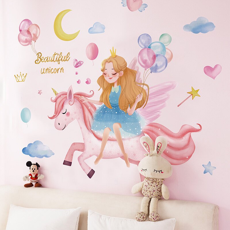 Cartoon Meisje Muurstickers Diy Eenhoorn Dier Muurstickers Voor Kinderen Slaapkamer Babykamer Nursery Woondecoratie