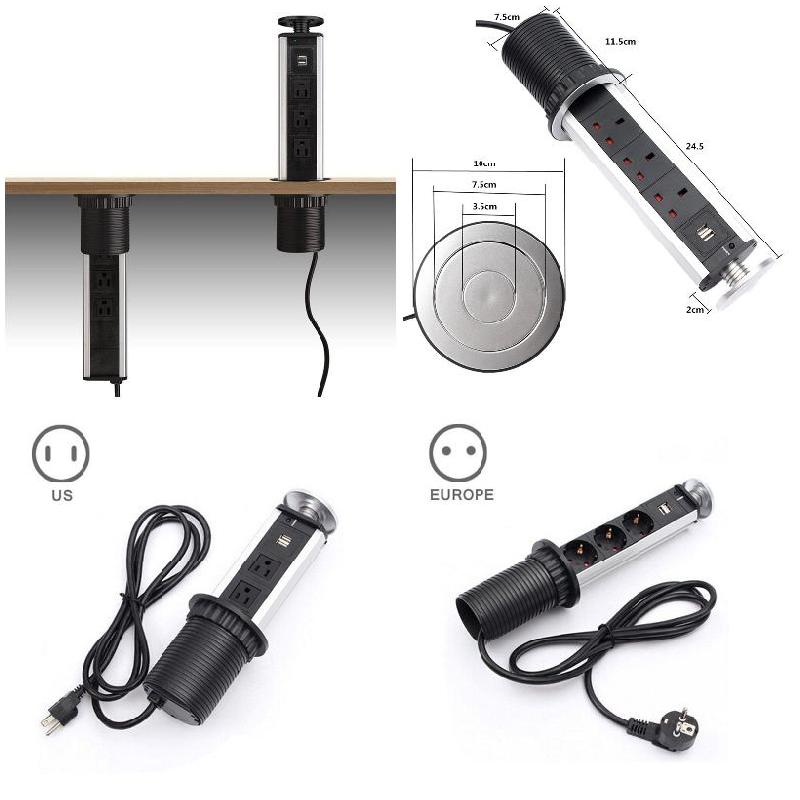 Us/eu -stik 3 stikkontakt 2 usb -opladningsport køkken kontorbord stationære stikkontakter udtrækkelige bordplader bordplade kontor hjemme