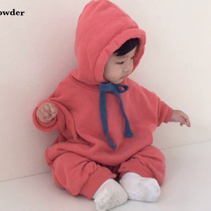 Outono inverno meninos e meninas regular estilo coreano algodão bebê macacão de manga comprida com capuz cor sólida hedging moda: Vermelho / 12 m