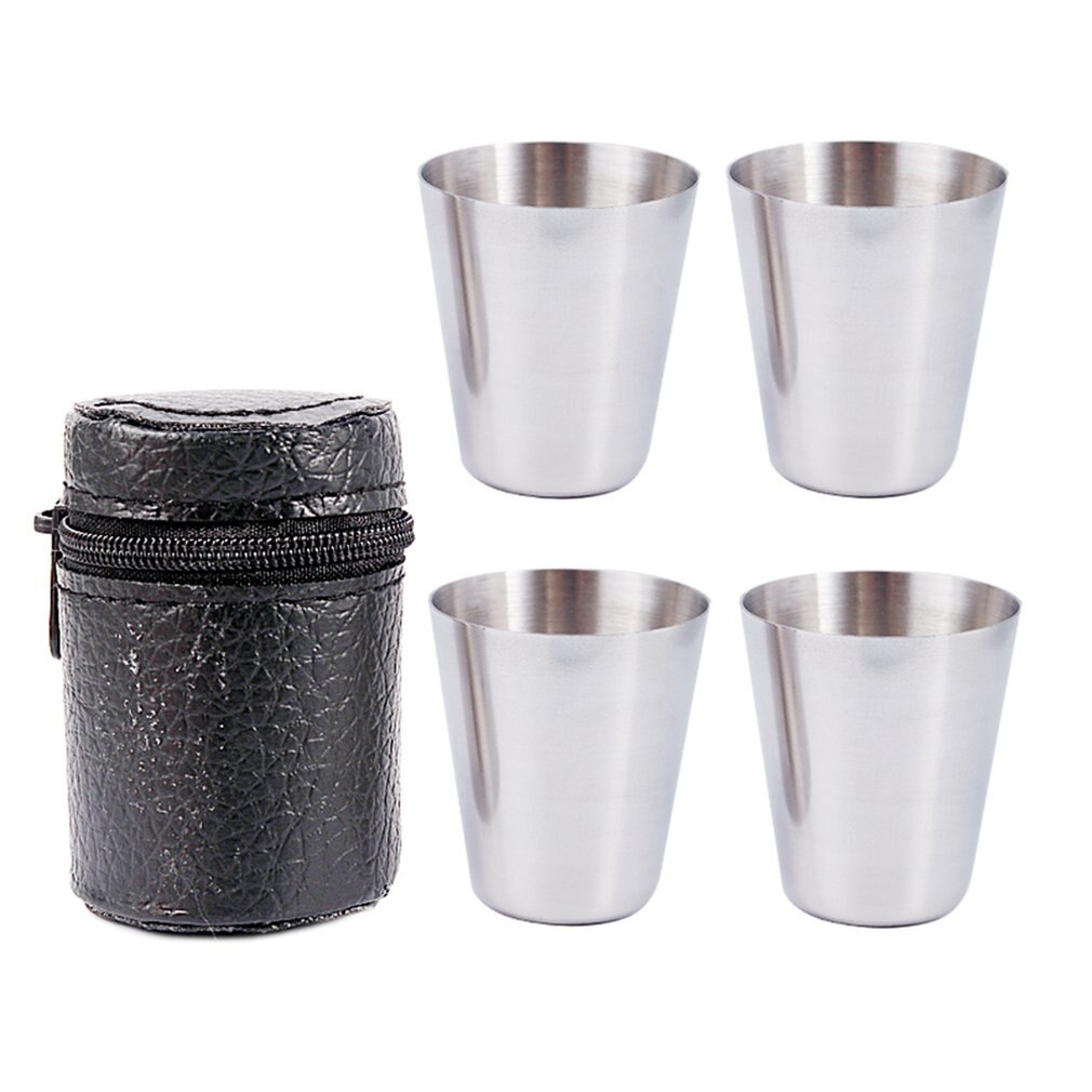 4 stycken / set polerat 30ml mini shot glas rostfritt stål kopp vin drickglas med läder täckväska: Default Title
