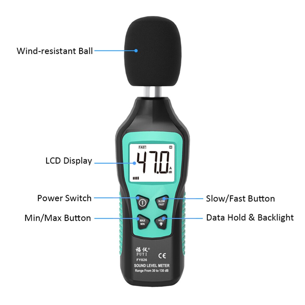 FUYI LCD Digital Noisemeter Sound Level Decibel Meter 30-130dB Decibel Monitoring Tester with Max/Min/Data Hold Mode