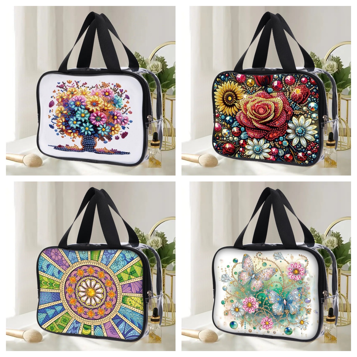 Bolsas de mano con pintura de diamantes y flores DIY para mujer, bolsas de cosméticos de PVC para viaje, bolso transparente para de uso diario, 1 ud.