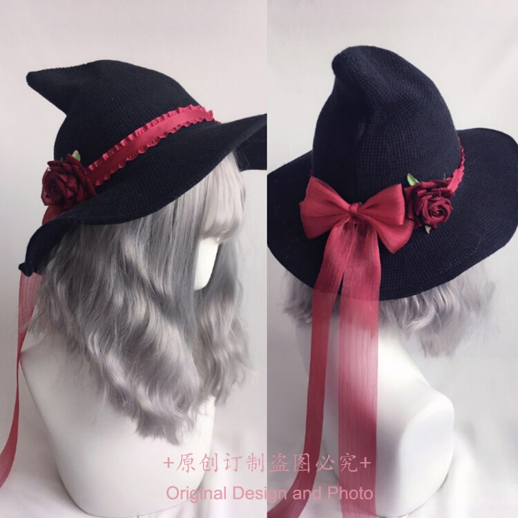Vintage Gothic Magic Meisje Wizard Hat Lolita Halloween Rose Bloem Strik Lint Heksenhoed Party Mode Pet Hoofddeksels