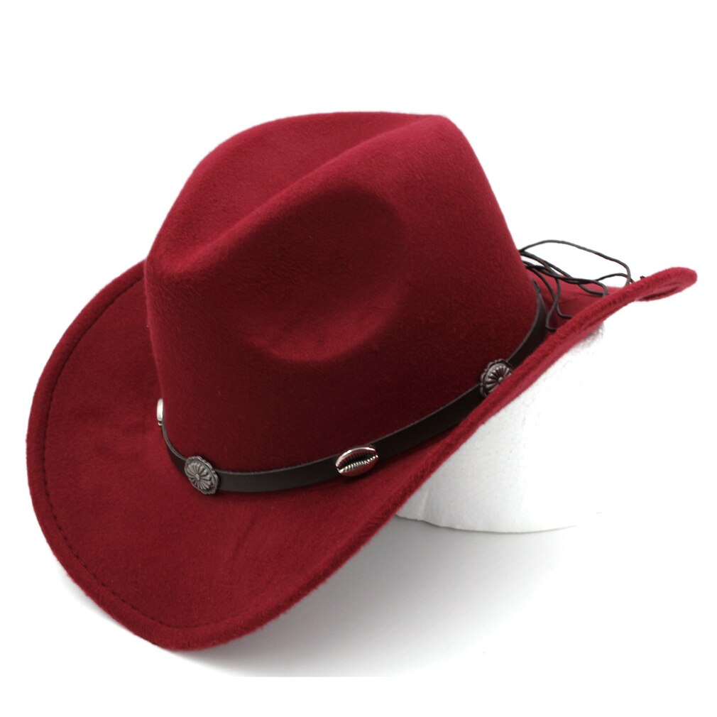 Mistdawn vintage stil bred skygge western cowboy hat cowgirl cap australsk stil hat m / læderbånd størrelse 56-58cm: Rødvin
