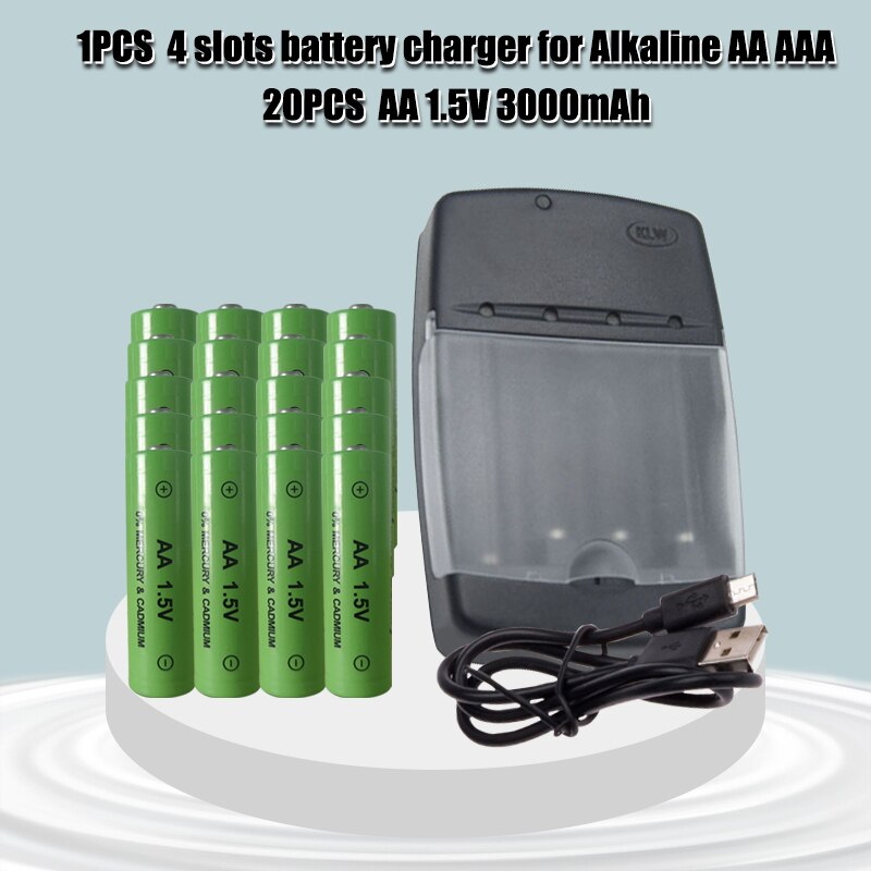 AA 1.5V Alkaline Rechargeable battery 3000mah +super quick 4slot AA/AAA charger can charge alkaline battery: 20 AA 1PCS charge