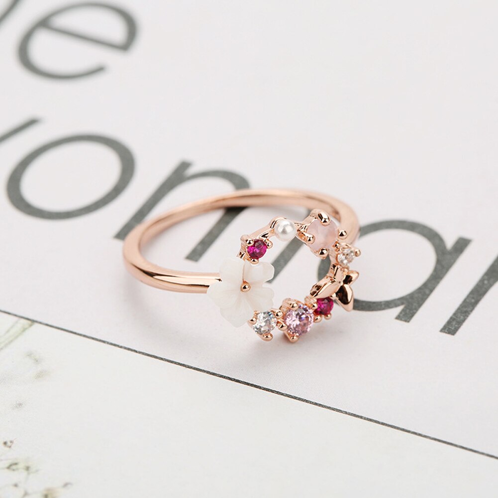 Anillo de boda con de flores y mariposas para mujer, sortija de boda con circonita de oro rosa, Glamour, para niñas, joyería creativa