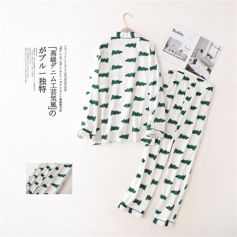 JULY'S SONG Women Spring Cotton Soft Printing Pajamas Set 2 Pieces Sleepwear Long Sleeve Trousers Women Casual Homewear