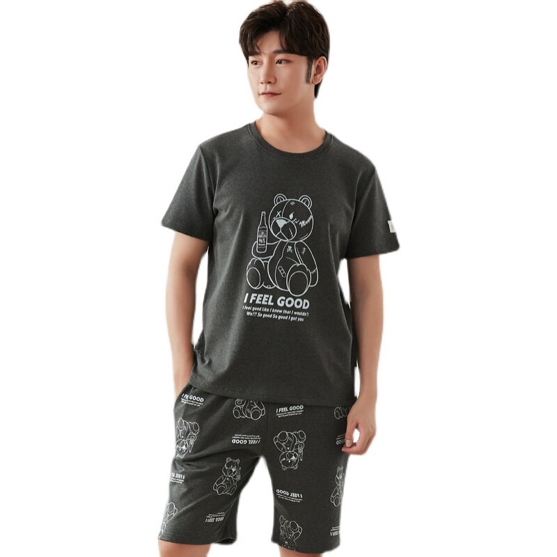 SONG Summer Men's Pure Cotton Pajama Sets Short Sleeve Simple Style Cartoon Handsome Casual Pyjamas Home Wear