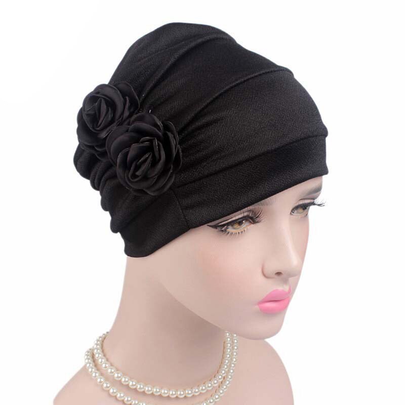 Kvinder blomst turban hat dame kræft kemo hårtab hætte hoved tørklæde wrap cover 5 farver: Sort