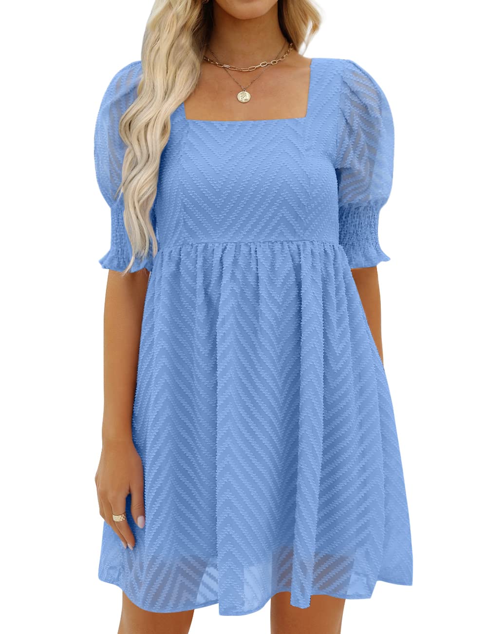 Damen-Sommerkleid 2023, lässig, fließend, Strand, quadratischer Ausschnitt, Laterne, kurze Ärmel, plissiert, A-Linien-Kleid, Krawatte, Minikleid