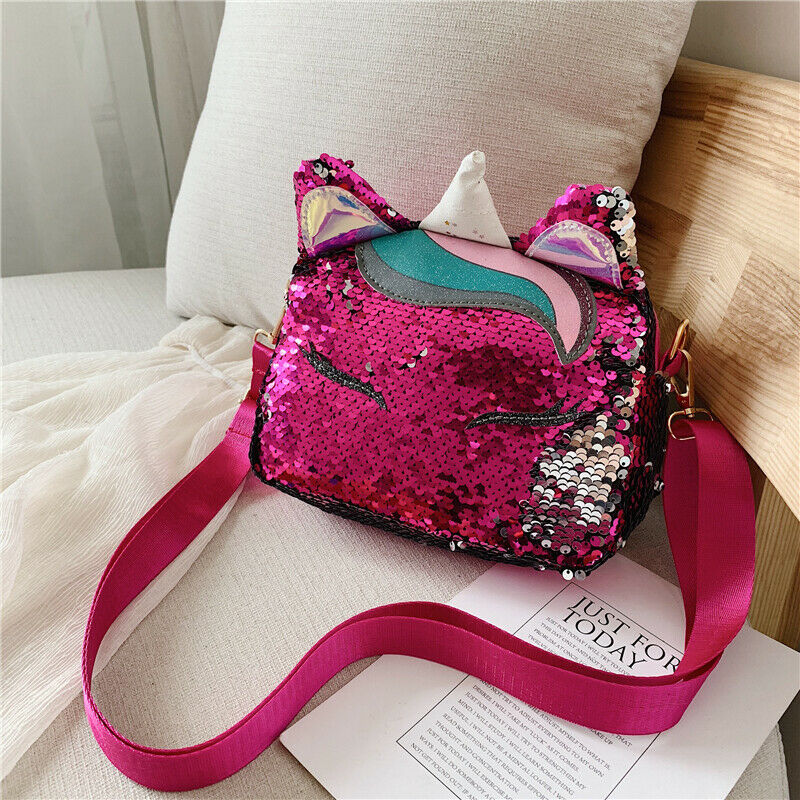 Mærke enhjørning håndtasker til piger rejser kvinder tegneserietryk skuldertasker pailletter læder luksus crossbody taske: Hot pink