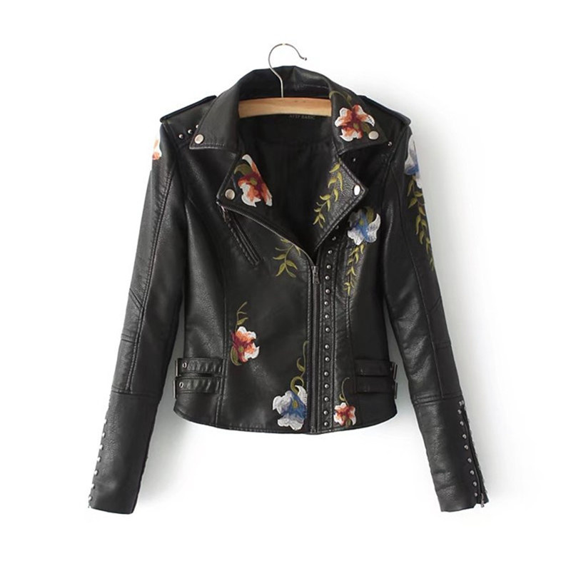 Euro Floral Embroidery Women Faux Leather Jacket Coat Lady Bomber Motorcycle Rivet Spliced Slim Short Jacket Outerwear